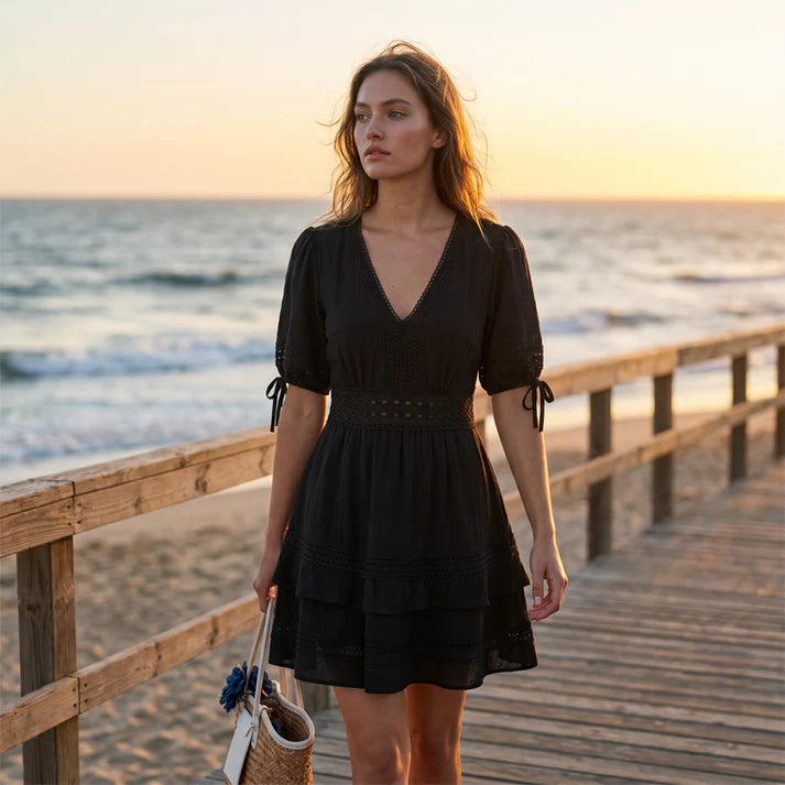 Women's V-Neck Tiered Lace Trim Dress