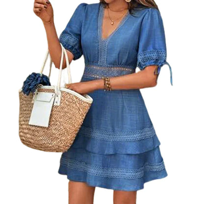 Women's V-Neck Tiered Lace Trim Dress
