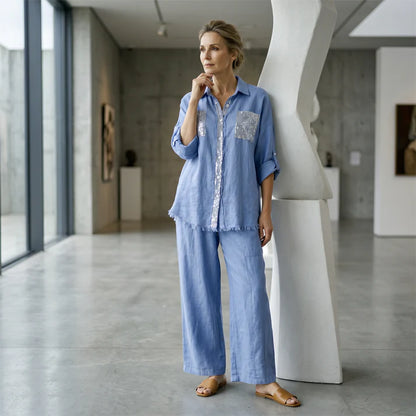 Women's Sequin Accent Shirt & Wide-Leg Pants Set