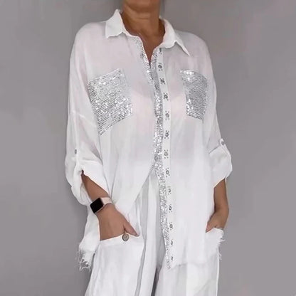 Women's Sequin Accent Shirt & Wide-Leg Pants Set