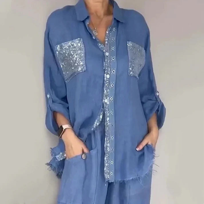 Women's Sequin Accent Shirt & Wide-Leg Pants Set