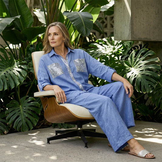 Women's Sequin Accent Shirt & Wide-Leg Pants Set