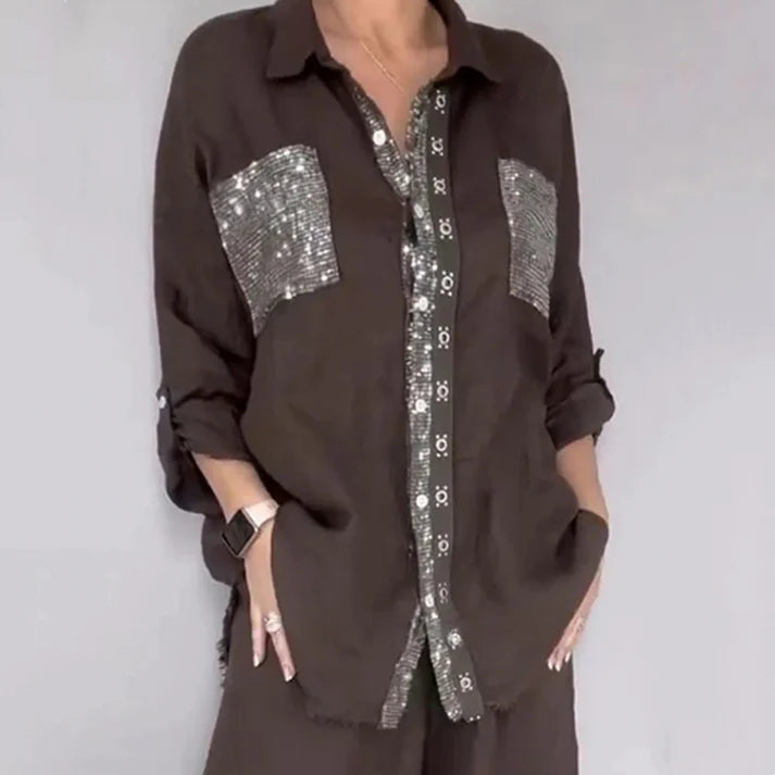 Women's Sequin Accent Shirt & Wide-Leg Pants Set