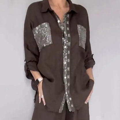 Women's Sequin Accent Shirt & Wide-Leg Pants Set