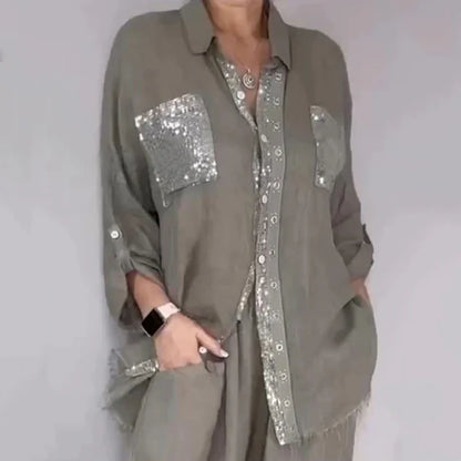 Women's Sequin Accent Shirt & Wide-Leg Pants Set