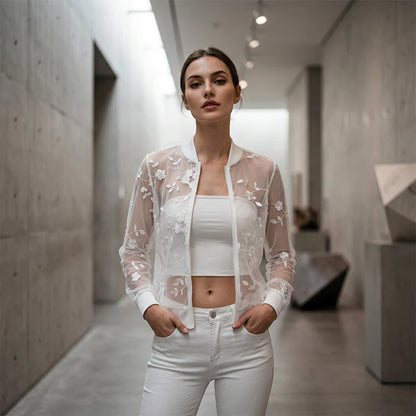 Women's Floral Embroidered Sheer Mesh Jacket