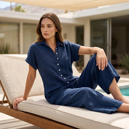 Women's Short-Sleeve Button-Front Jumpsuit