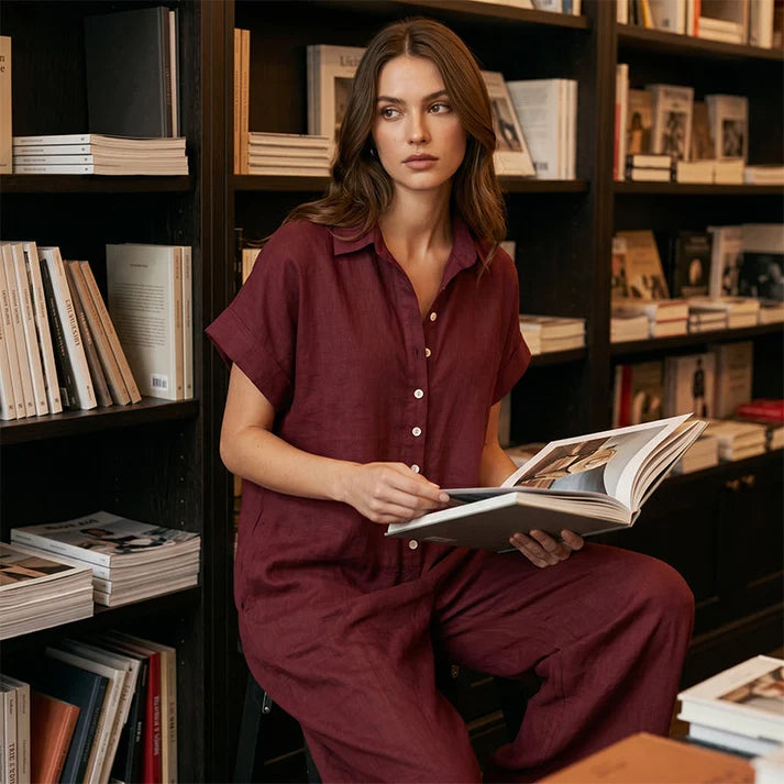 Women's Short-Sleeve Button-Front Jumpsuit