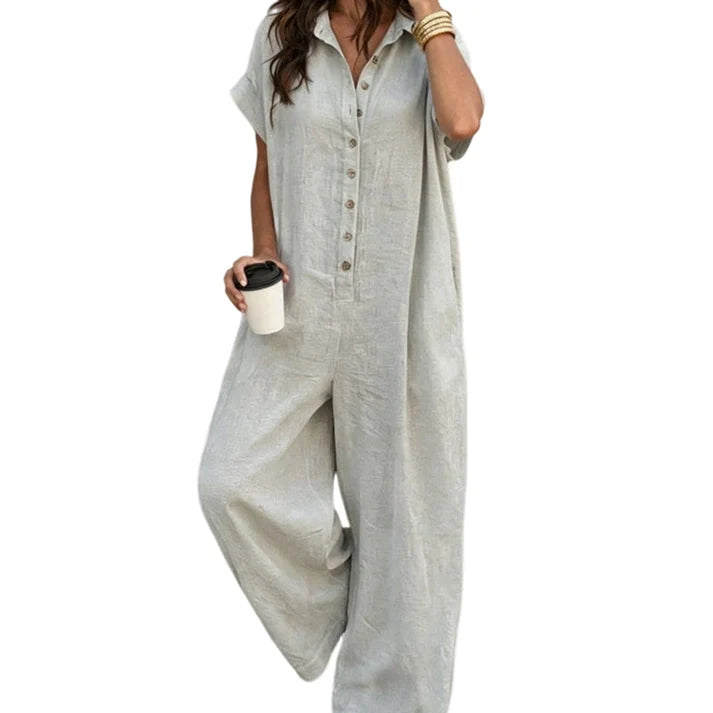 Women's Short-Sleeve Button-Front Jumpsuit