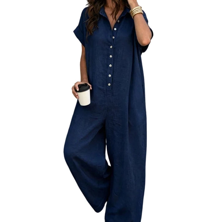 Women's Short-Sleeve Button-Front Jumpsuit
