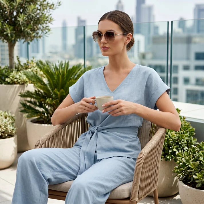 Women's Tie-Front Top and Wide-Leg Pants Set