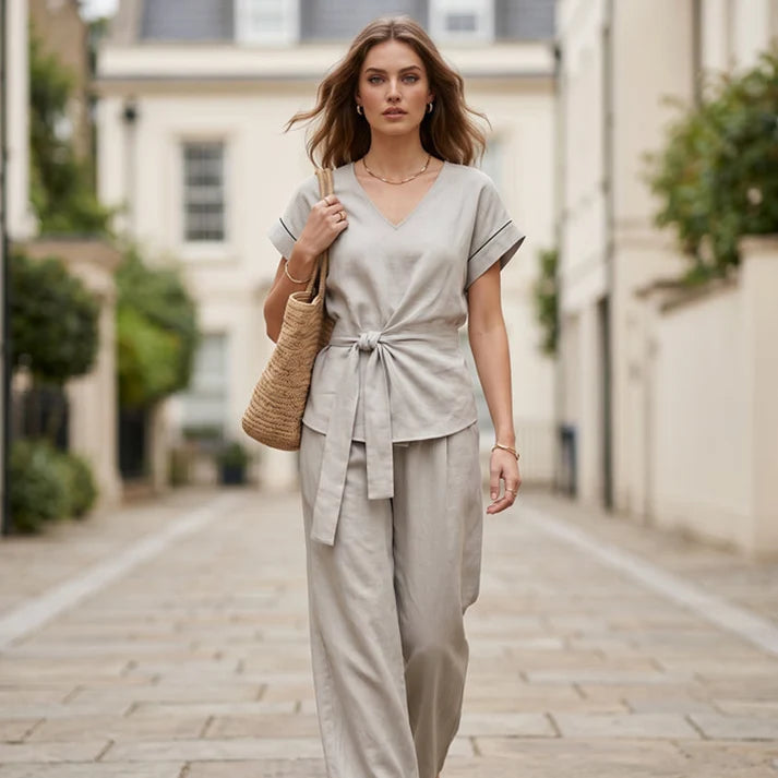 Women's Tie-Front Top and Wide-Leg Pants Set