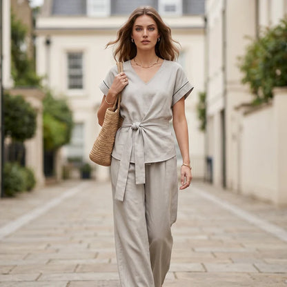 Women's Tie-Front Top and Wide-Leg Pants Set