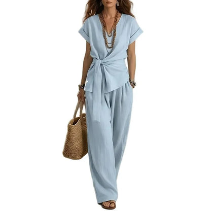 Women's Tie-Front Top and Wide-Leg Pants Set