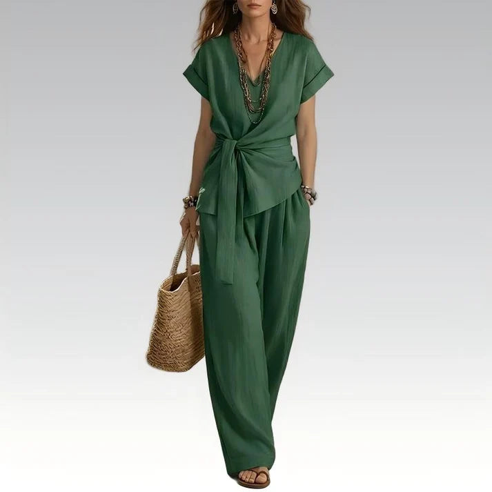Women's Tie-Front Top and Wide-Leg Pants Set
