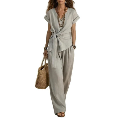 Women's Tie-Front Top and Wide-Leg Pants Set