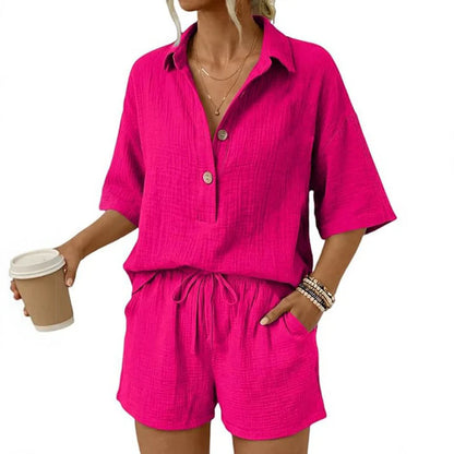 Women's Casual Button Front Two-Piece Shorts Set