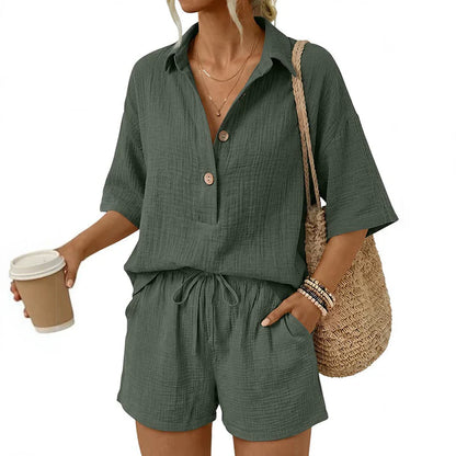 Women's Casual Button Front Two-Piece Shorts Set