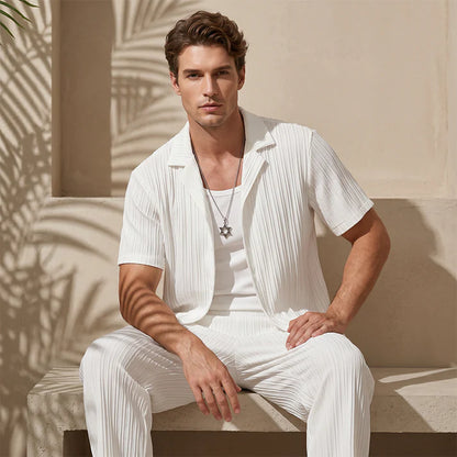 Men's Pleated Textured Short-Sleeve Shirt & Pants Set