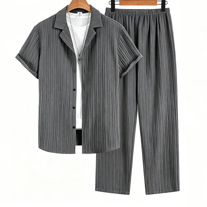 Men's Pleated Textured Short-Sleeve Shirt & Pants Set