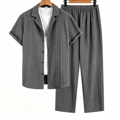 Men's Pleated Textured Short-Sleeve Shirt & Pants Set