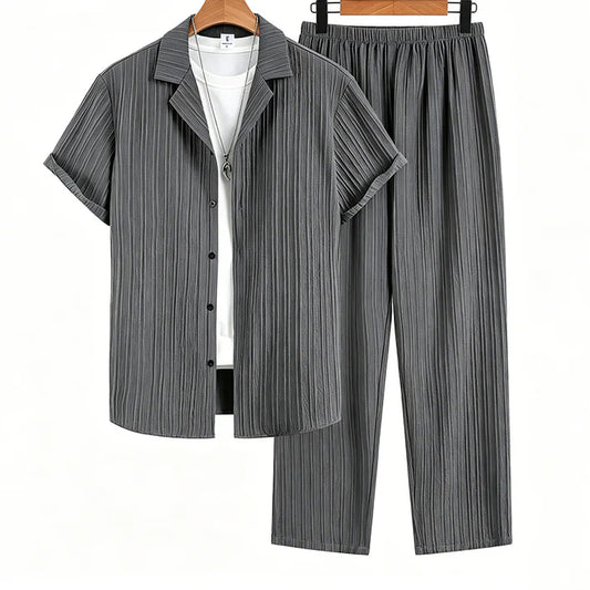 Men's Pleated Textured Short-Sleeve Shirt & Pants Set