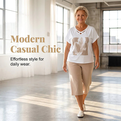 Women's V-Neck Short Sleeve Top and Cropped Pants Set