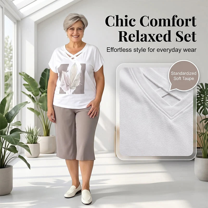 Women's V-Neck Short Sleeve Top and Cropped Pants Set