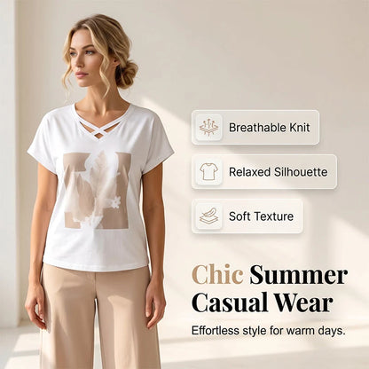 Women's V-Neck Short Sleeve Top and Cropped Pants Set
