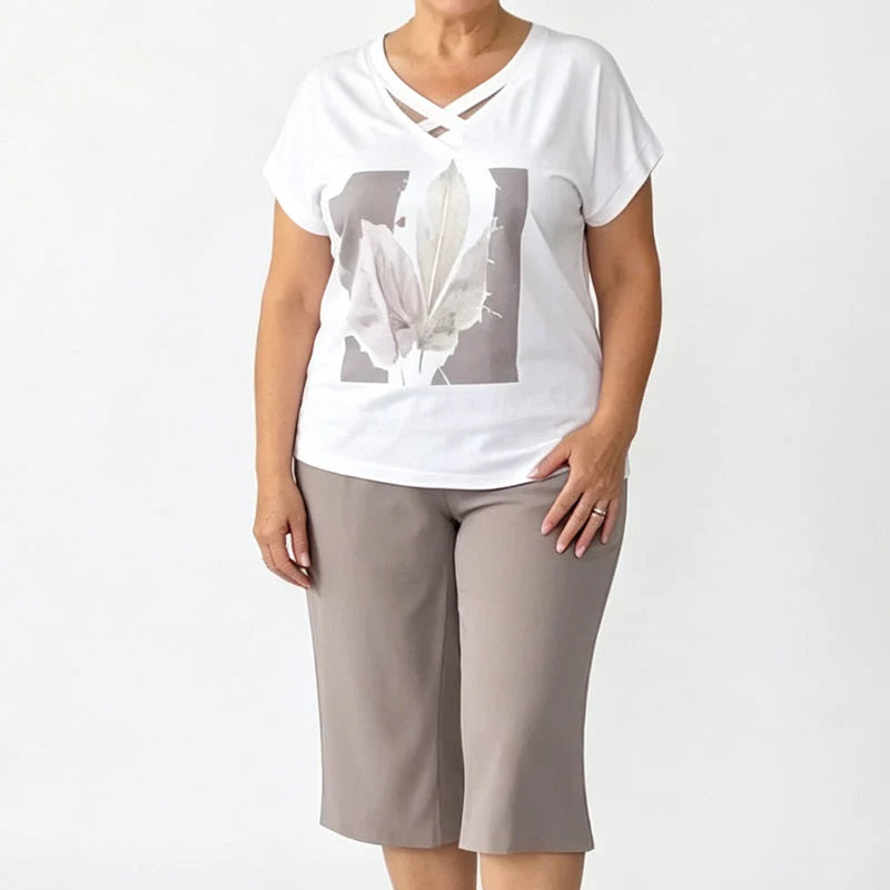 Women's V-Neck Short Sleeve Top and Cropped Pants Set