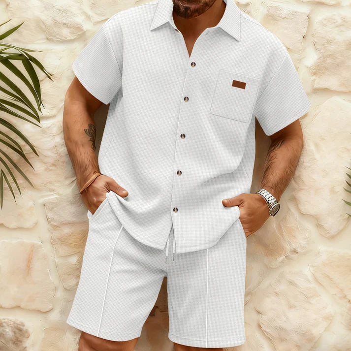 Men's Waffle-Knit Short-Sleeve Shirt and Shorts Set