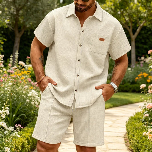 Men's Waffle-Knit Short-Sleeve Shirt and Shorts Set