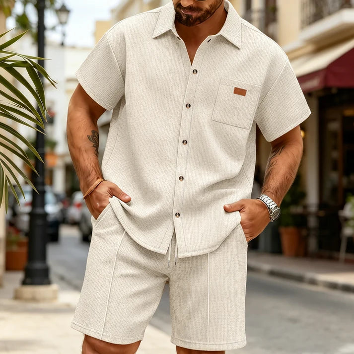 Men's Waffle-Knit Short-Sleeve Shirt and Shorts Set