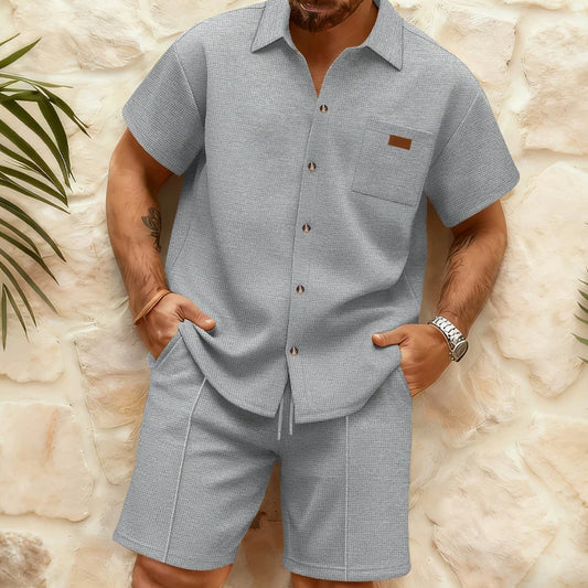 Men's Waffle-Knit Short-Sleeve Shirt and Shorts Set