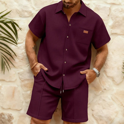 Men's Waffle-Knit Short-Sleeve Shirt and Shorts Set
