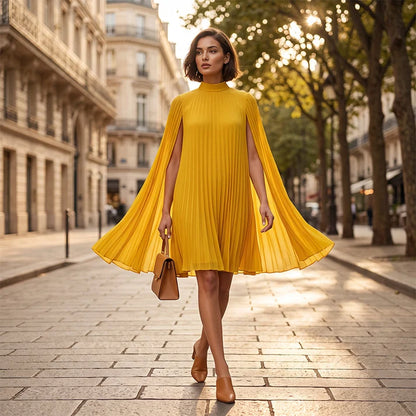 Women's Pleated Cape Sleeve High Neck Dress