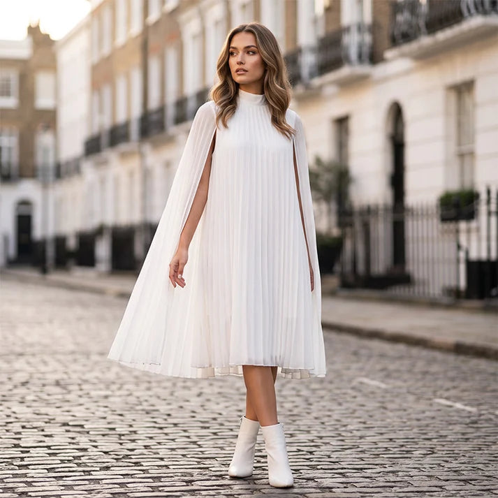 Women's Pleated Cape Sleeve High Neck Dress