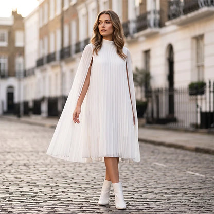 Women's Pleated Cape Sleeve High Neck Dress