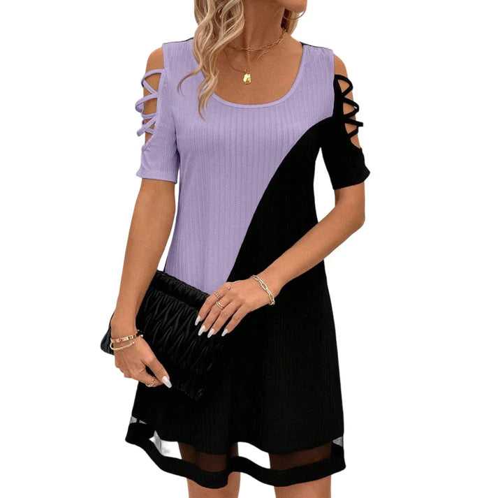 Women's Short-Sleeve Panel Dress with Mesh Hem