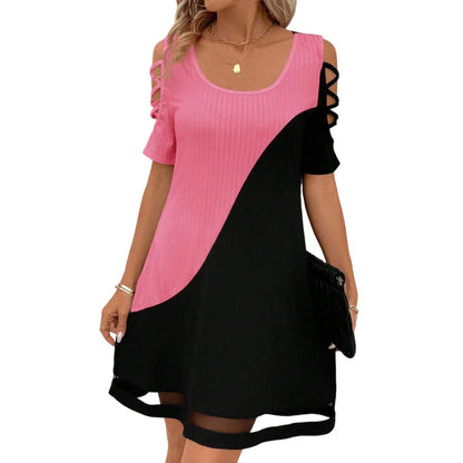Women's Short-Sleeve Panel Dress with Mesh Hem