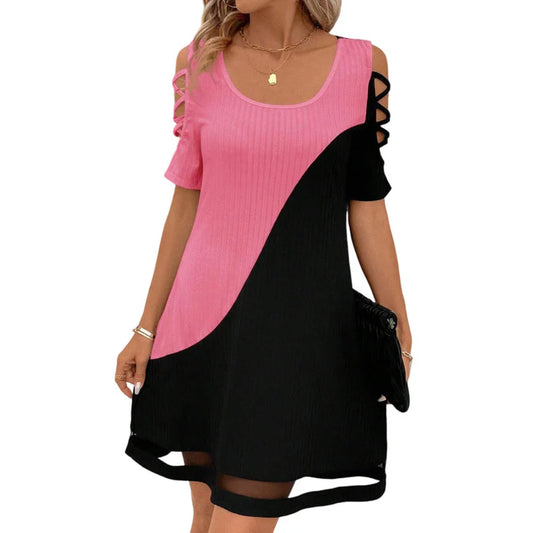 Women's Short-Sleeve Panel Dress with Mesh Hem