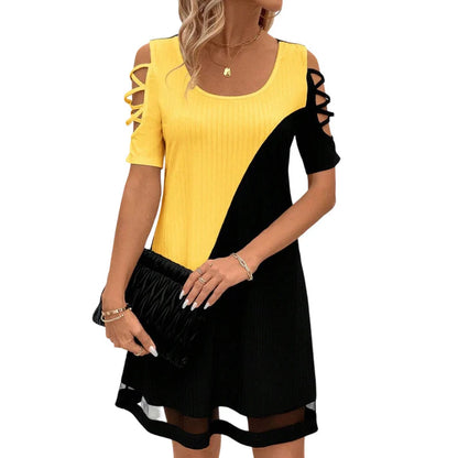 Women's Short-Sleeve Panel Dress with Mesh Hem