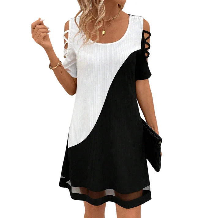 Women's Short-Sleeve Panel Dress with Mesh Hem