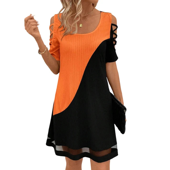 Women's Short-Sleeve Panel Dress with Mesh Hem