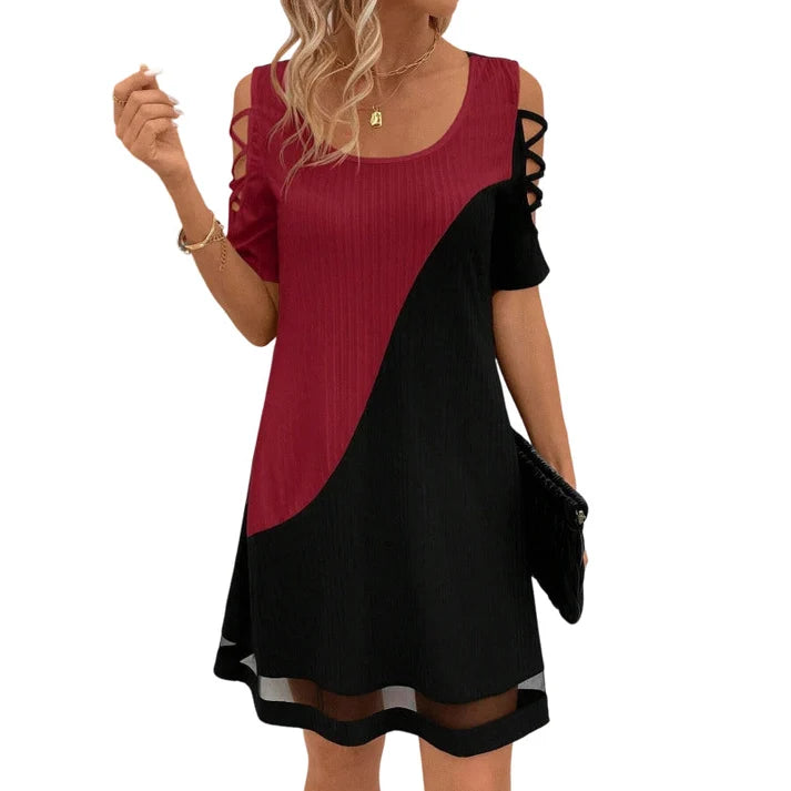 Women's Short-Sleeve Panel Dress with Mesh Hem