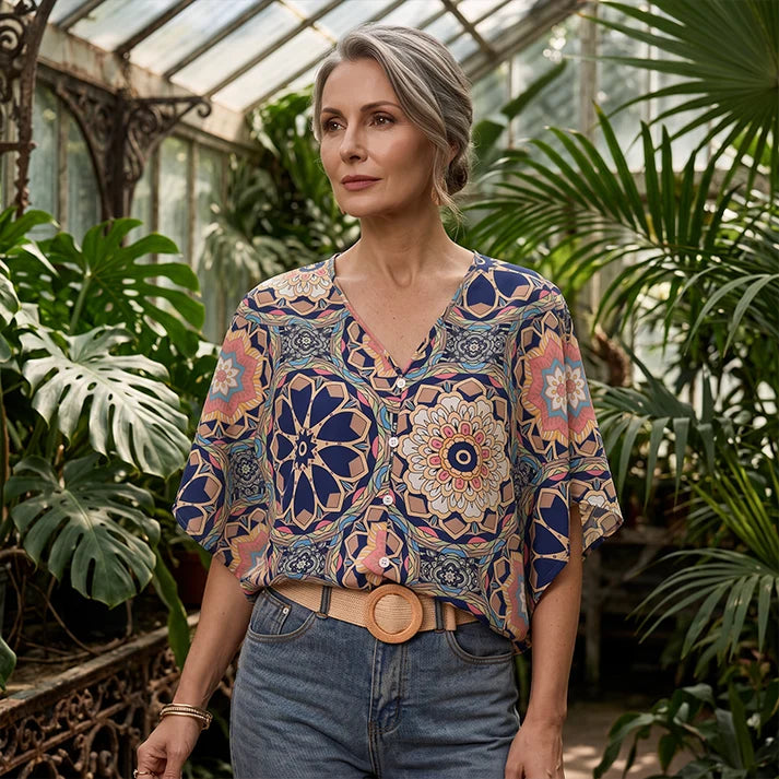 Women's V-Neck Printed Short-Sleeve Blouse