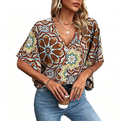 Women's V-Neck Printed Short-Sleeve Blouse