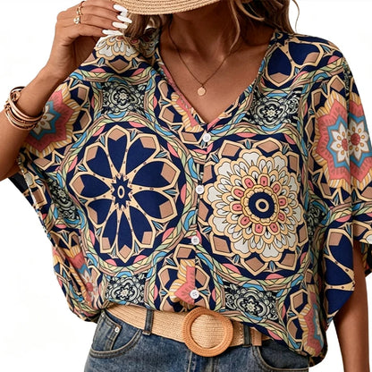 Women's V-Neck Printed Short-Sleeve Blouse