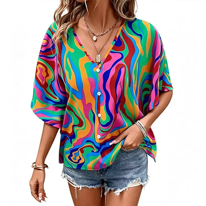 Women's V-Neck Printed Short-Sleeve Blouse