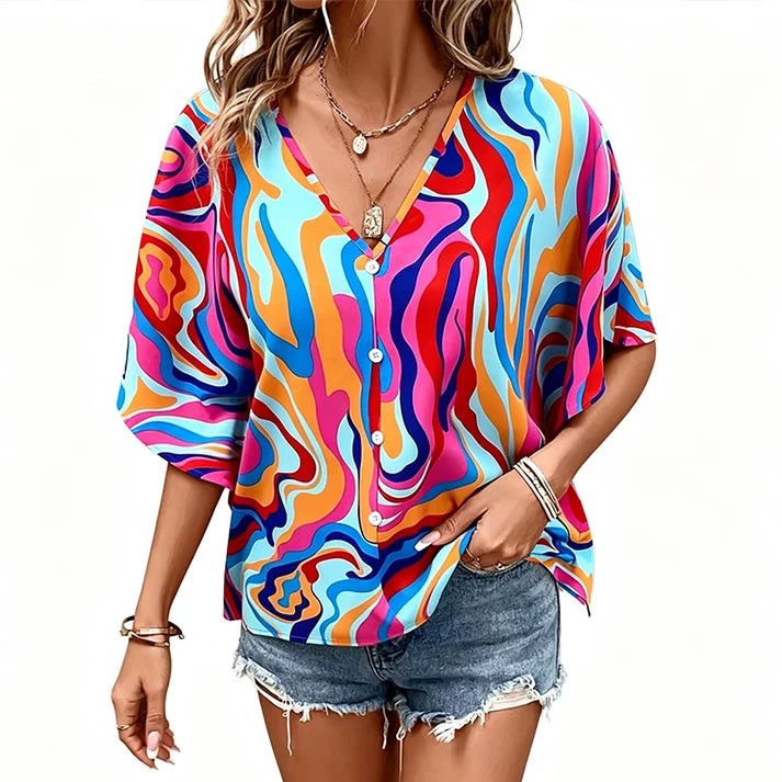 Women's V-Neck Printed Short-Sleeve Blouse